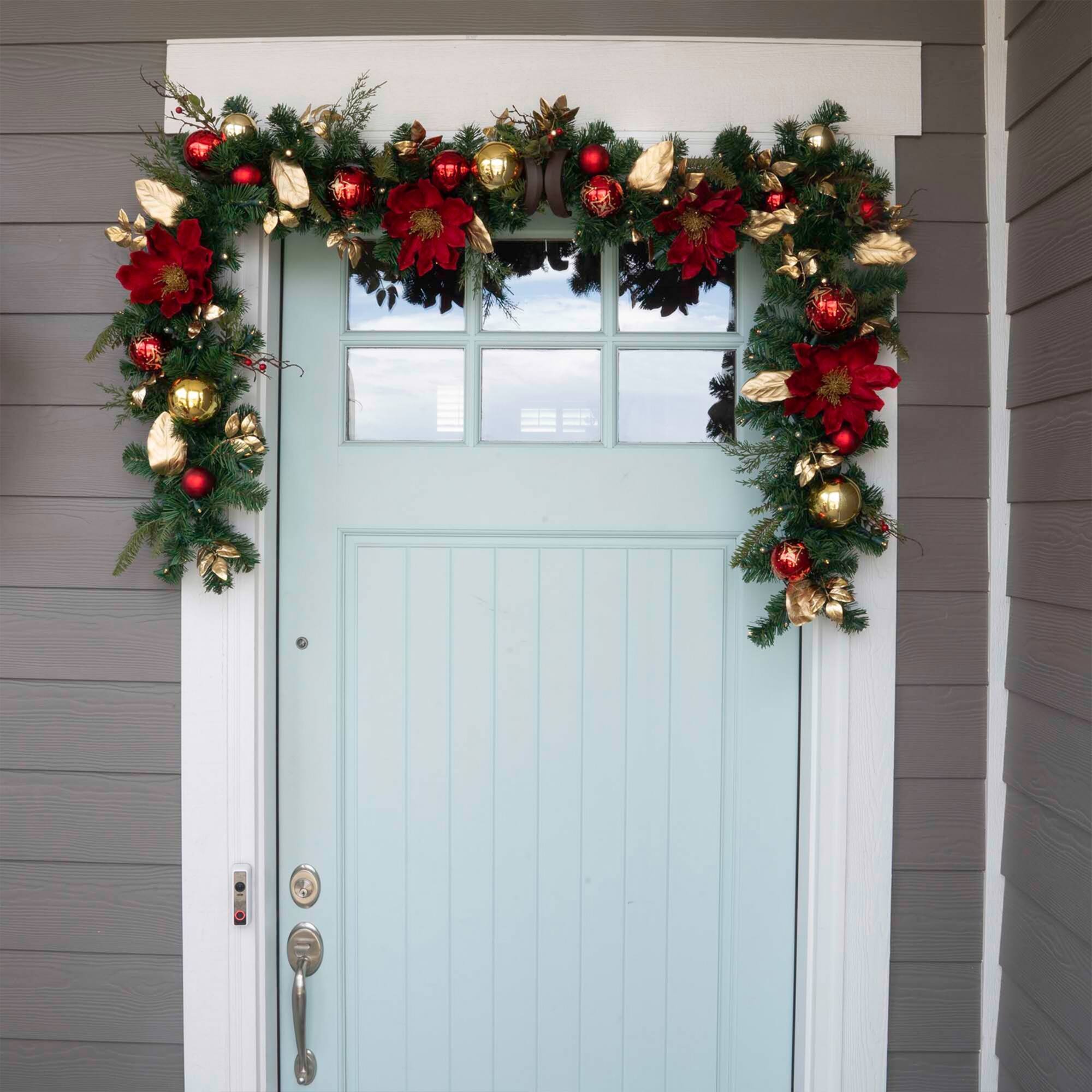 9 ft. Pre-Lit LED Golden Leaf Red Magnolia Artificial Christmas Garland
